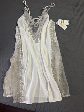 Flora Nikrooz White and Silver Lace Trim Satin Chemise